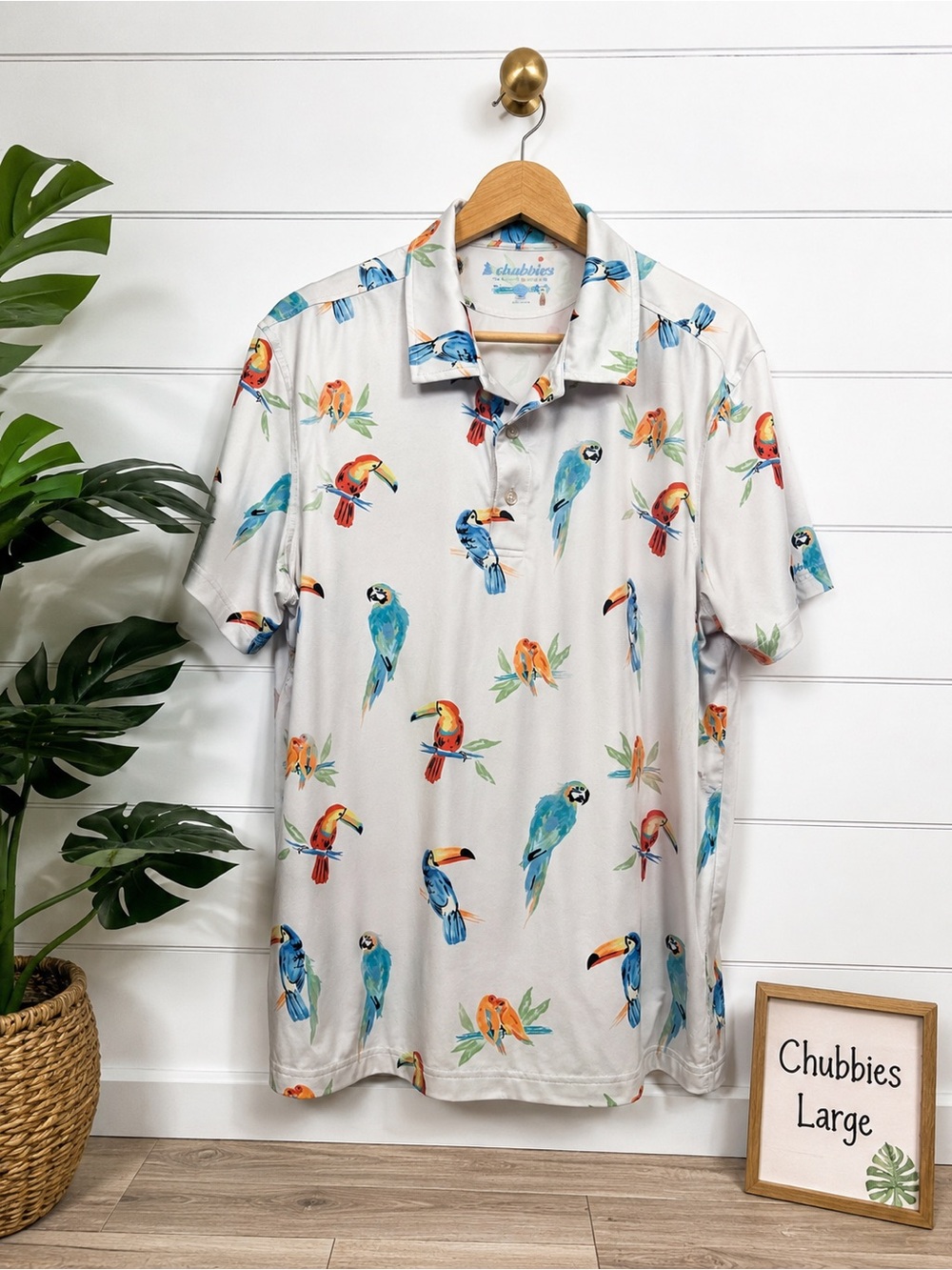 🌴 Chubbies Tropical Bird Print Performance Polo Shirt Size Large